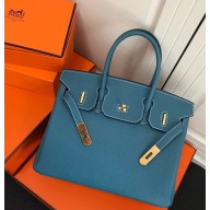 Hermes Birkin 30 Bag In Original Handmade Clemence Leather Blue Jean