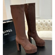 Chanel High Boots Stretch Suede Calfskin & Suede Calfskin dark brown G46051 heel 11.5cm 2024