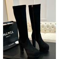 Chanel High Boots Stretch Suede Calfskin & Suede Calfskin Black G46051 heel 11.5cm 2024