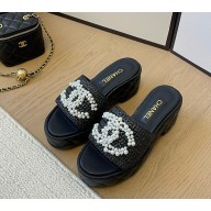 Chanel platform knit slippers with pearl CC logo black 1129-2024