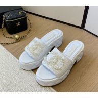 Chanel platform knit slippers with pearl CC logo white 1129-2024