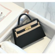 Hermes Mini Kelly II Handbag epsom leather with GOLD Hardware half handmade black