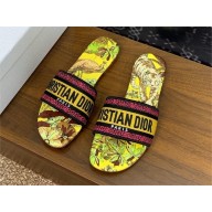 Dior Lime Yellow Multicolor Embroidered Cotton with Toile de Jouy Voyage Motif Dway Flat Slide 2024