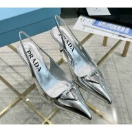 Prada Metallic leather slingback pumps Silver 1I901M heel 7.5cm 2025
