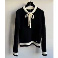Chanel Bow Tie Neck Contrast Tipped Sweater black 2025