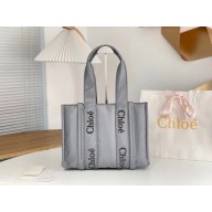 chloe medium Woody tote bag in Recycled nylon with Chloé logo gray 2024