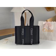 chloe medium Woody tote bag in Recycled nylon with Chloé logo black 2024