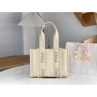 chloe medium Woody tote bag in Recycled nylon with Chloé logo white 2024