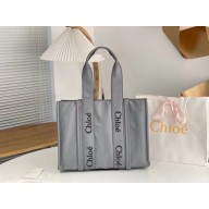 chloe large Woody tote bag in Recycled nylon with Chloé logo gray 2024