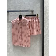 chanel Printed Silk Twill Light Pink & Black blouse and shorts 2024