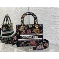 Dior Medium Lady D-Lite Bag in Black Multicolor Jardin Botanique Embroidery 2022