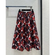 DIOR Red Multicolor Cotton and Silk Poplin with Dior Roses Motif Flared Mid-Length Skirt 2023