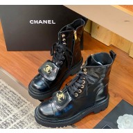 Chanel laue-up calfskin ankle boot in black 1107-2024