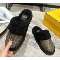 Fendi brown FF Cloth slippers with shearling 2024