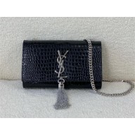 Saint Laurent KATE small TASSEL IN CROCODILE-EMBOSSED LEATHER black/silver 2024(original quality)