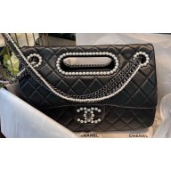 Chanel Leather Pearls & Silver-Tone Metal Large Flap Bag with Top Handle AS4221 Black 2023