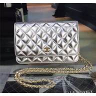 Chanel silver Metallic Lambskin Wallet On Chain with gold cc logo