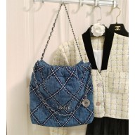 Chanel Stitched Denim & Silver-Tone Metal Blue 22 Handbag AS3261 2024