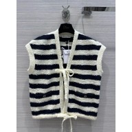 dior Navy Blue and White Cotton Knit Marinière Short-Sleeved Cardigan 2024 