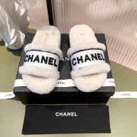 chanel logo flat mules with shearling white 2021