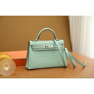Hermes Mini Kelly II Handbag in alligator leather vert deau with silver hardware(handmade)