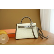 Hermes Mini Kelly II Handbag in ostrich leather parchemin/Gris trourtere with diamonds hardware(handmade)