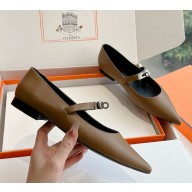 Hermes Pointed-toe ballet flat in calfskin with iconic Kelly buckle dark brown  2024
