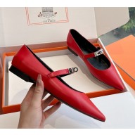 Hermes Pointed-toe ballet flat in calfskin with iconic Kelly buckle red  2024