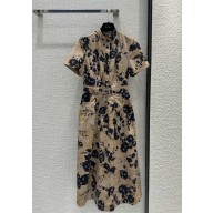 dior Beige and Black Cotton Gabardine with Fleurs Mystiques Motif Flared Mid-Length Dress 2024