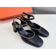 Hermes Kamilla 60 pump Mary Jane shoe in goatskin and Nappa leather noir / jaune Malawi  2025