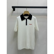 MIU MIU Ribbed cashmere polo shirt Natural/Blue MMLA34 2025