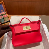 HERMES 24/24 MINI KELLY BAG IN evercolor/swift LEATHER Rouge Casaque(full handmade)
