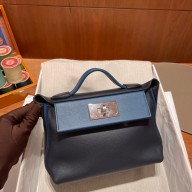HERMES 24/24 MINI KELLY BAG IN evercolor/swift LEATHER NAVY BLUE(full handmade)
