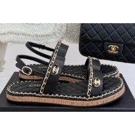 Chanel flat double C with chain sandals Black leather 2025