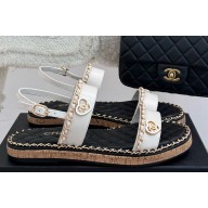 Chanel flat double C with chain sandals white leather 2025