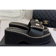 Chanel platform CC Turn Lock with chain slippers Black leather 2025