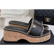 Chanel platform double C with chain slippers Black leather 2025