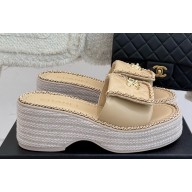 Chanel platform CC Turn Lock with chain slippers Beige leather 2025
