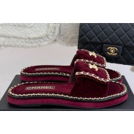 Chanel flat CC turn lock with chain slippers Burgundy suede 2025