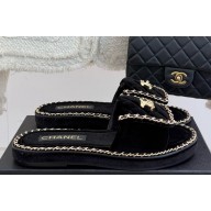 Chanel flat CC turn lock with chain slippers Black suede 2025