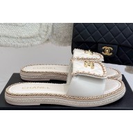 Chanel flat CC turn lock with chain slippers white leather 2025