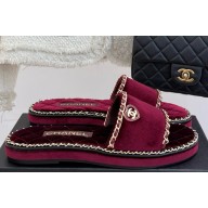 Chanel flat double C with chain slippers Burgundy suede 2025