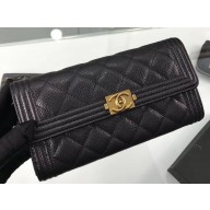 Chanel Grained Calfskin Boy Long Flap Wallet A80286 Black/Gold