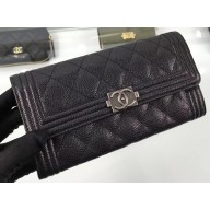 Chanel Grained Calfskin Boy Long Flap Wallet A80286 Black/Silver