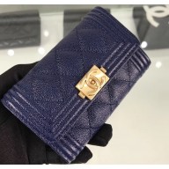 Chanel Grained Calfskin Boy Flap Card Holder A80603 Navy Blue/Gold