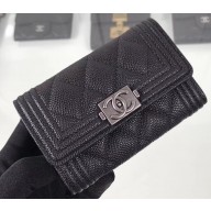 Chanel Grained Calfskin Boy Flap Card Holder A80603 Black/Silver