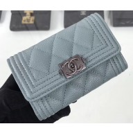 Chanel Grained Calfskin Boy Flap Card Holder A80603 Gray/Silver