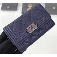 Chanel Grained Calfskin Boy Flap Card Holder A80603 Navy Blue/Silver