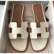 Hermes Oran Flat Slipper Sandals in Patent Calfskin White