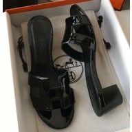 Hermes Heel 5cm Oasis Slipper Sandals in Patent Calfskin Black